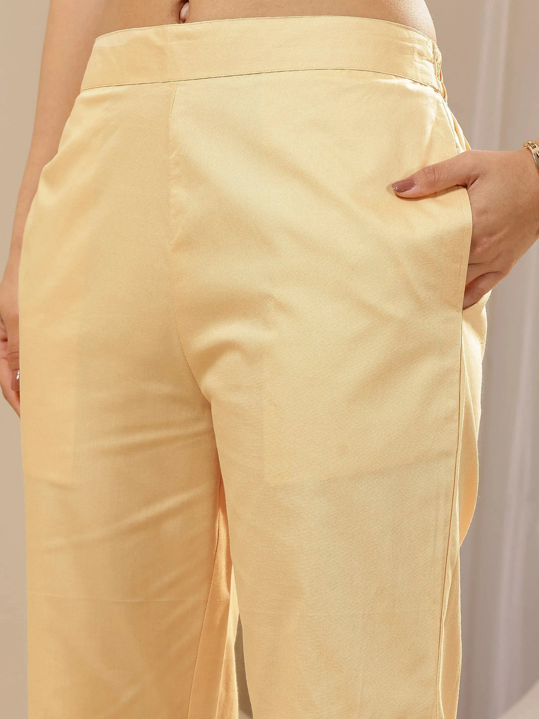  Beige Solid Cotton Trousers 