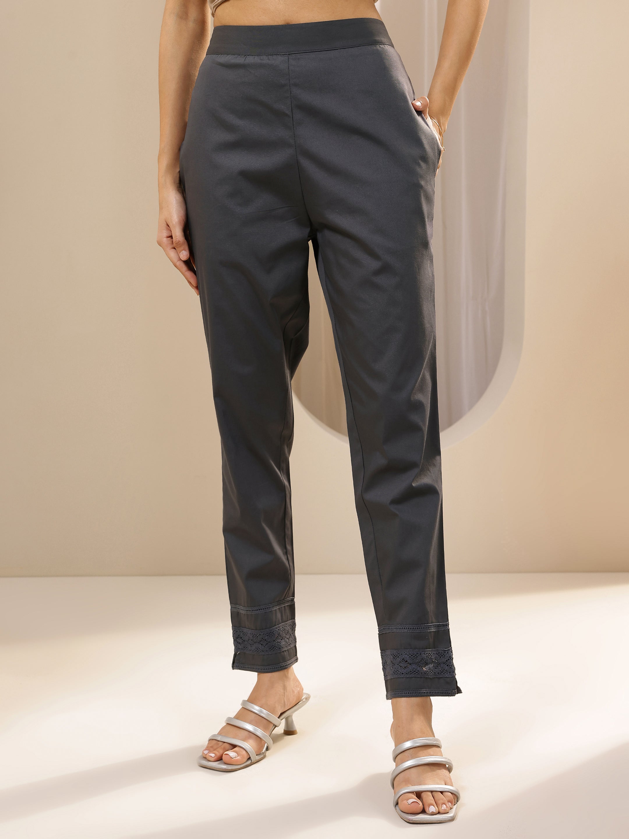 Grey Solid Cotton Trousers-image-1