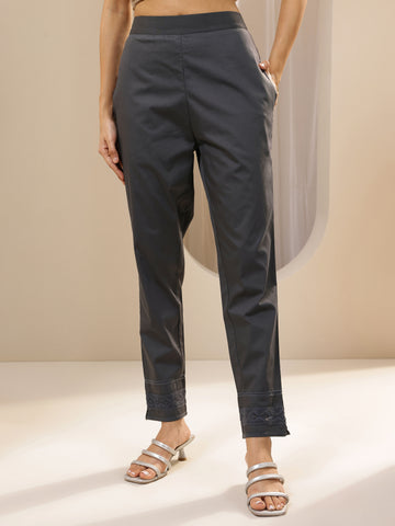 Grey Solid Cotton Trousers
