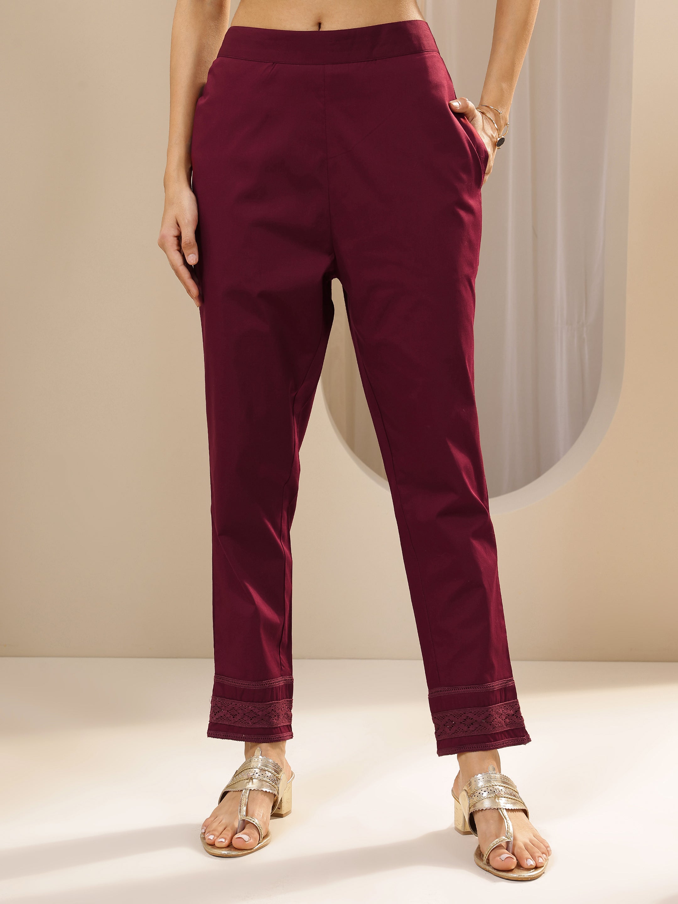 libas Maroon Solid Cotton Trousers-picture-29