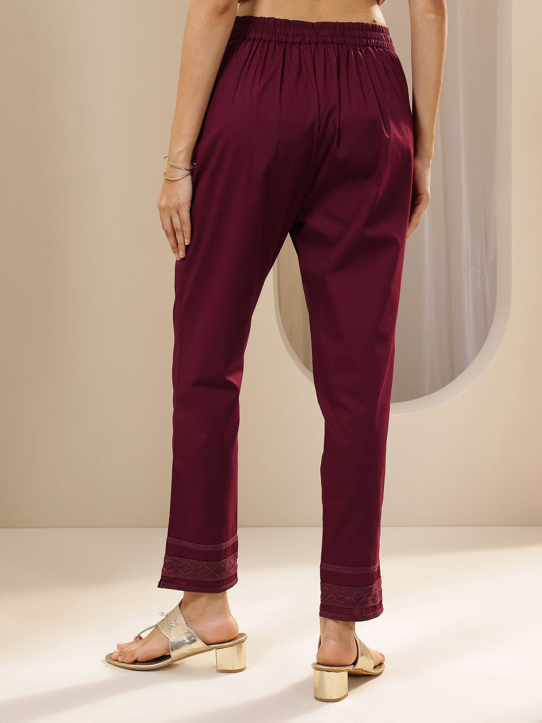  Maroon Solid Cotton Trousers 