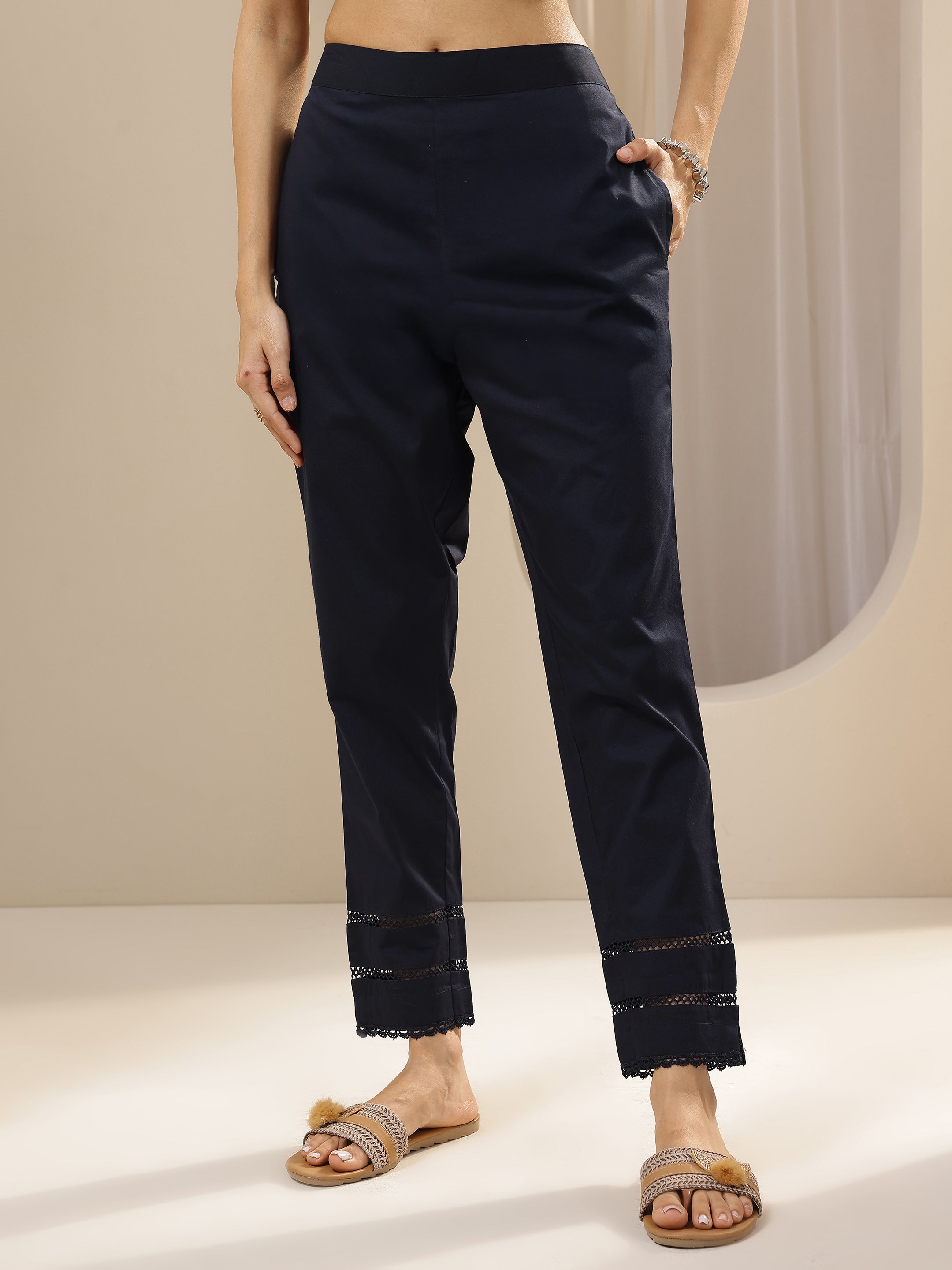 libas Blue Solid Cotton Trousers-picture-14