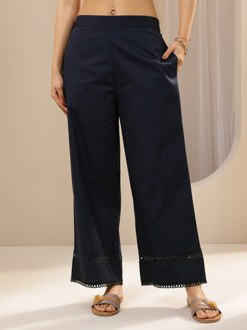Libas Blue Solid Cotton Palazzos