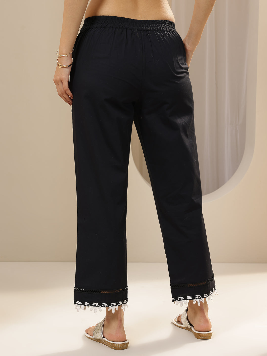  Black Solid Cotton Trousers 