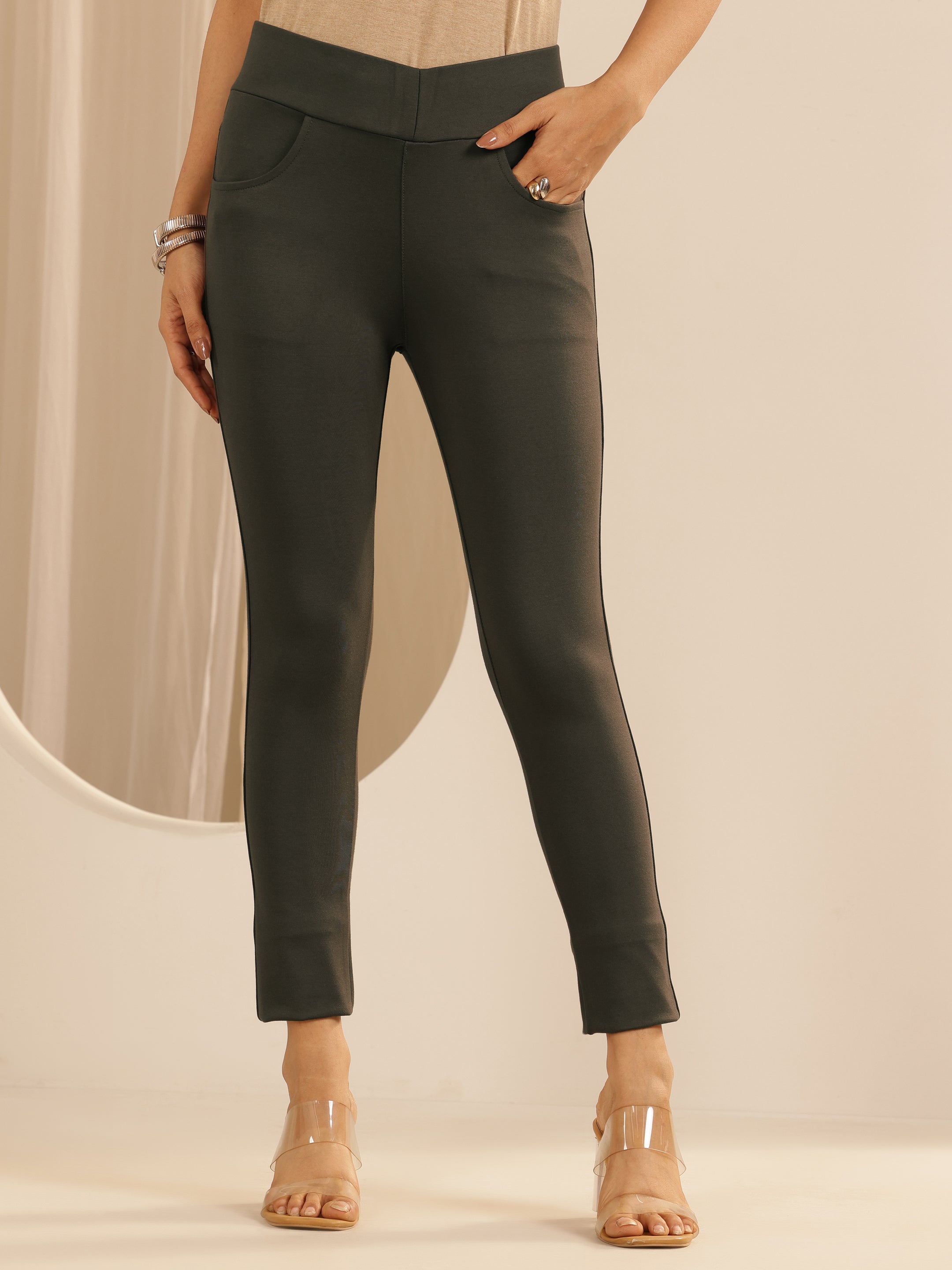 libas Olive Solid Rayon Blend Jegging-picture-22