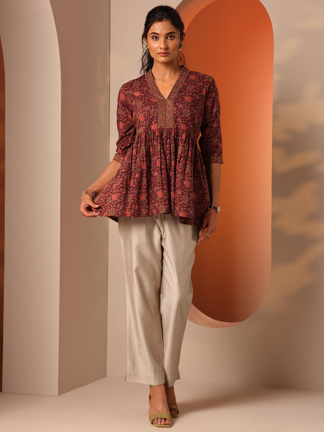  Beige Solid Silk blend Trouser 