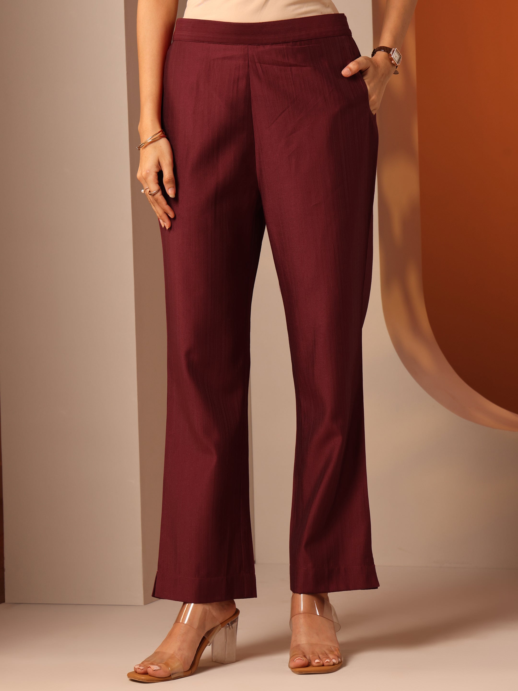 libas Maroon Solid Silk Blend Trouser-picture-25