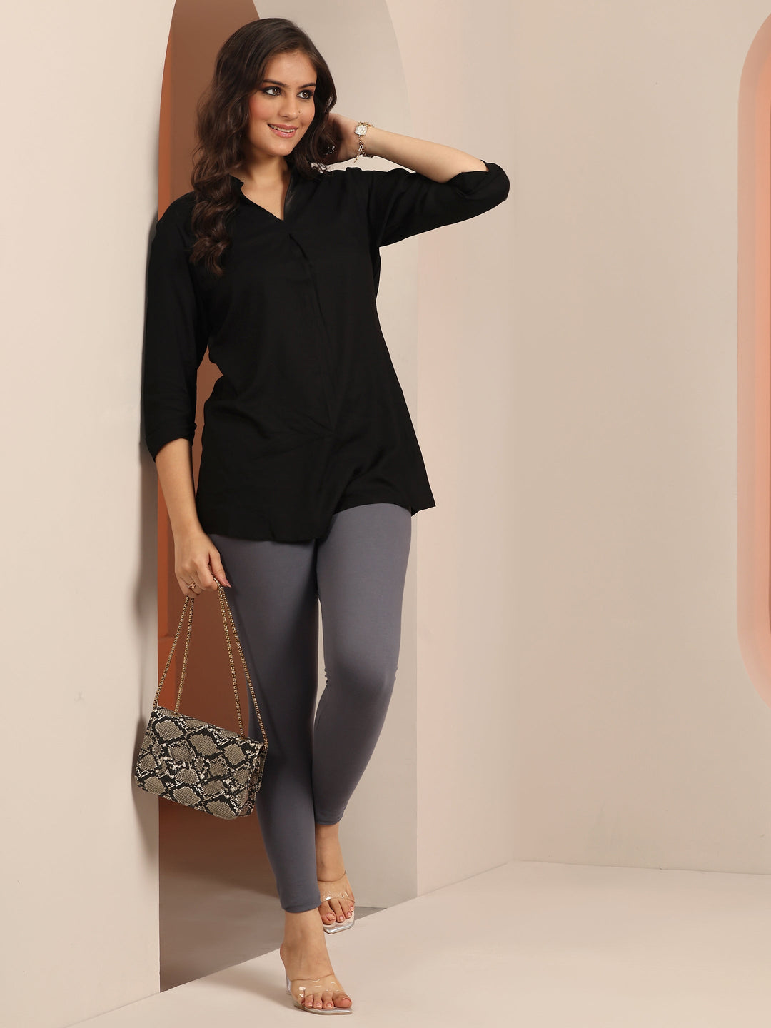  Grey Solid Cotton Blend Leggings 