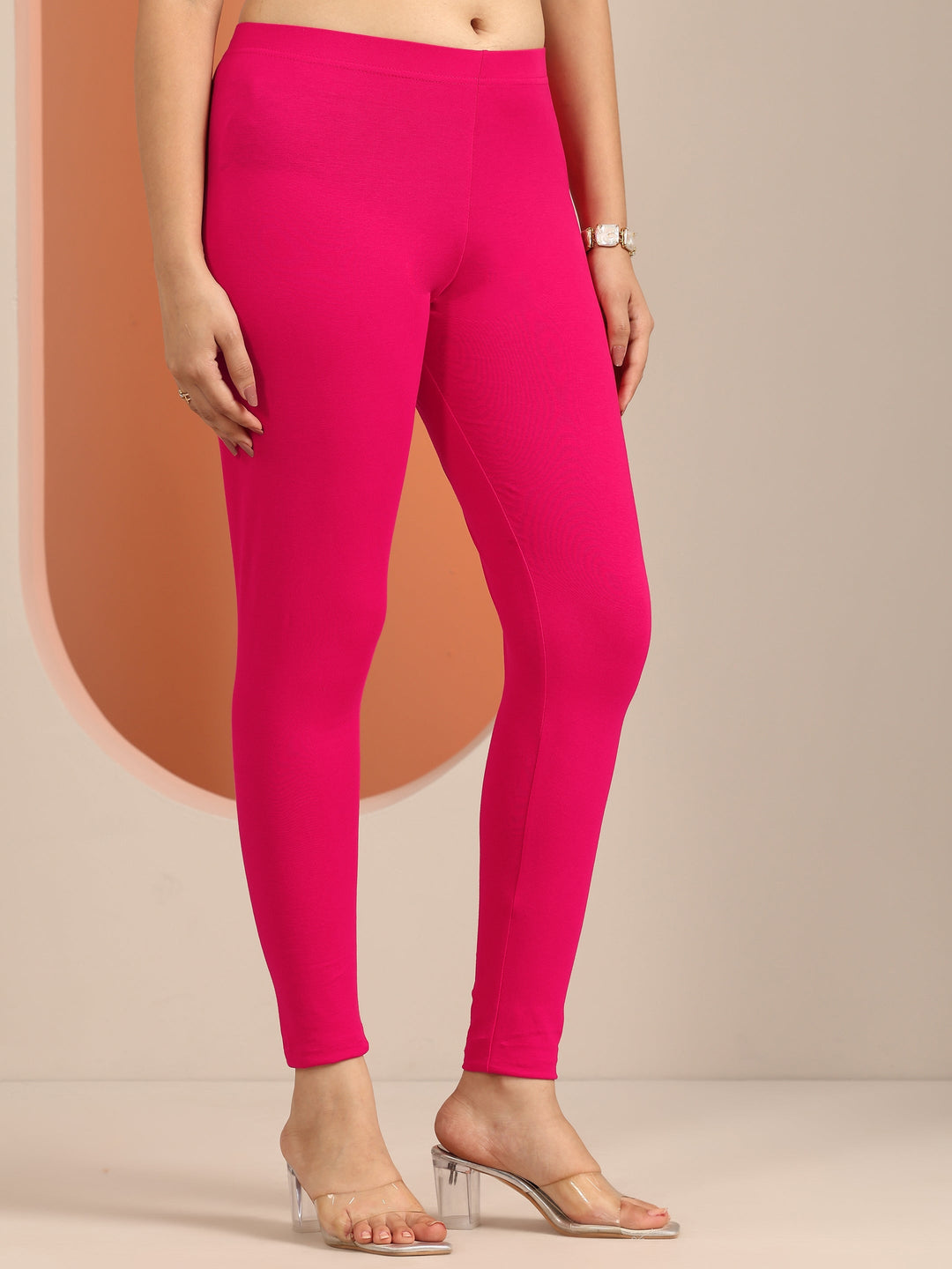  Pink Solid Cotton Blend Leggings 