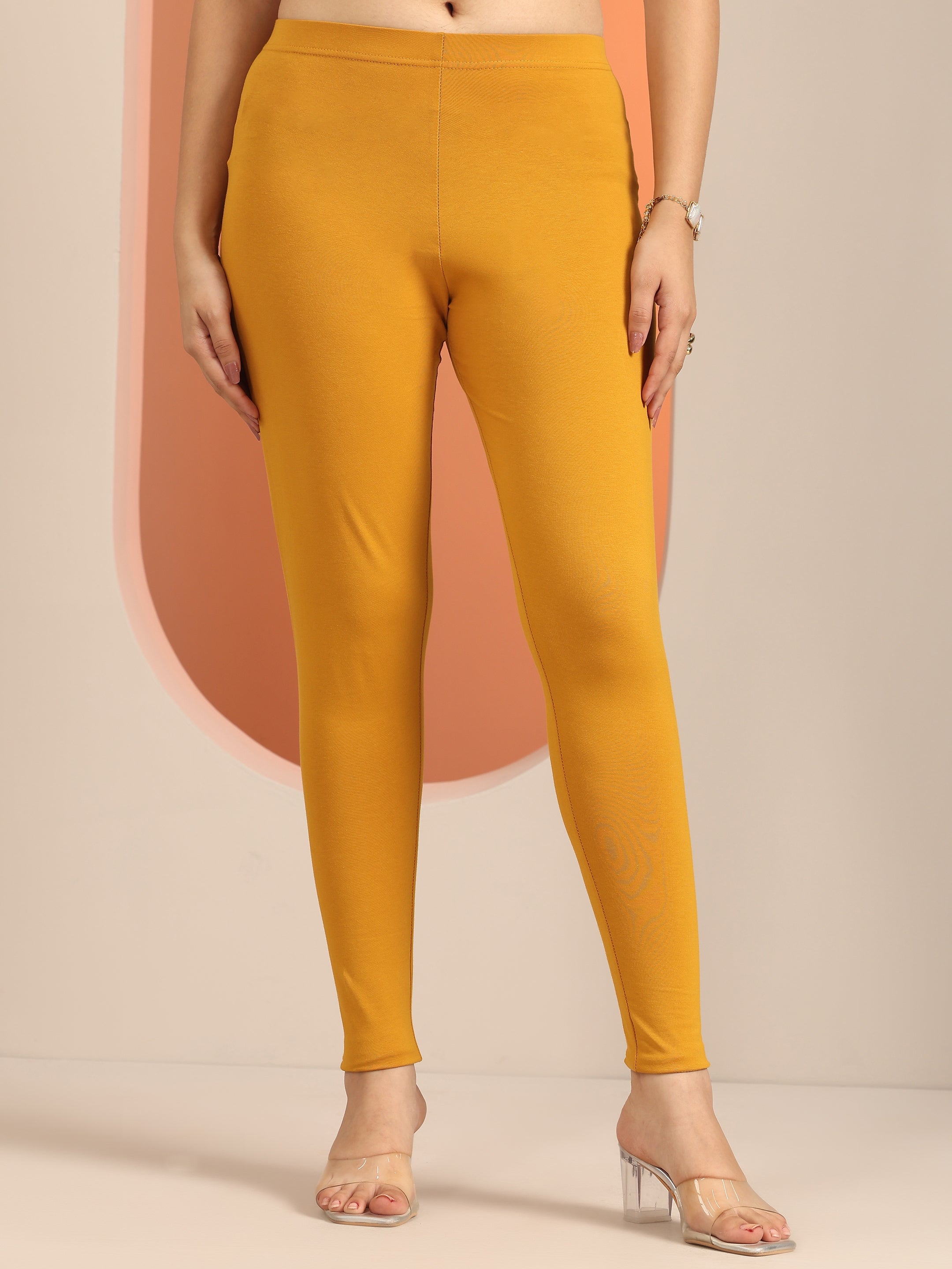 libas Mustard Solid Cotton Blend Leggings-picture-29