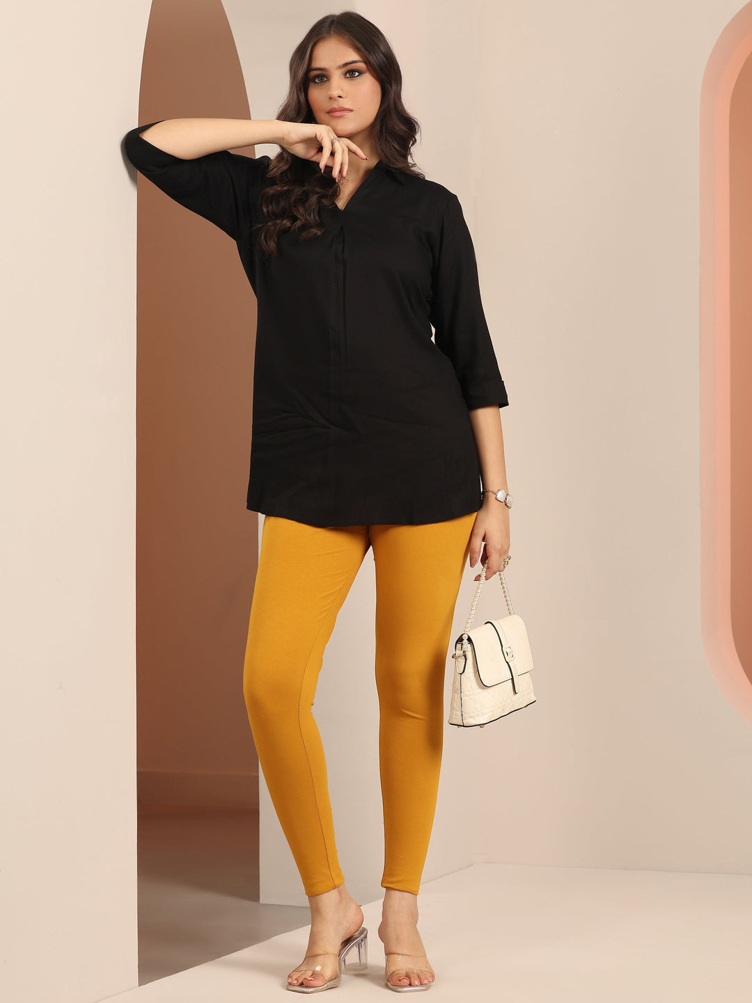 Mustard Solid Cotton Blend Leggings 