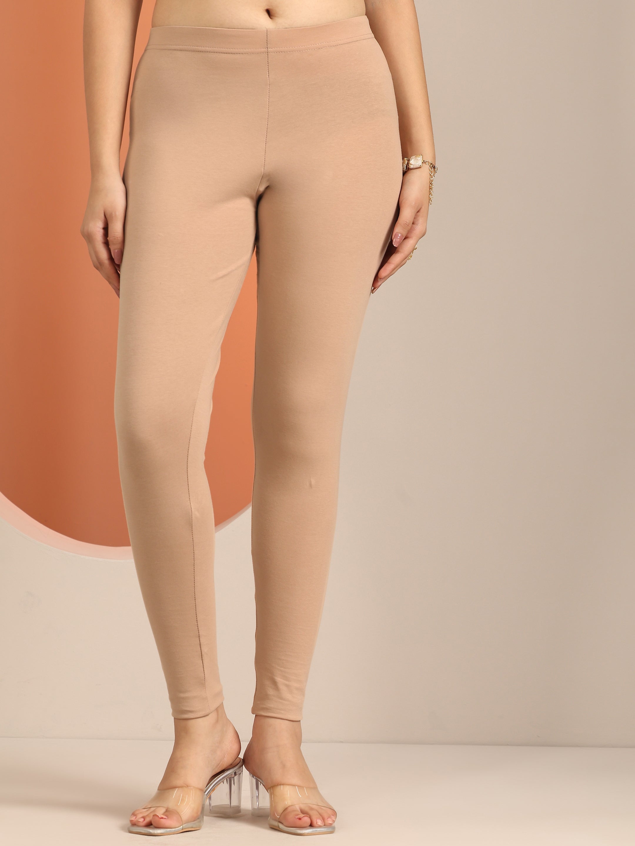 Beige Solid Cotton Blend Leggings-image-32
