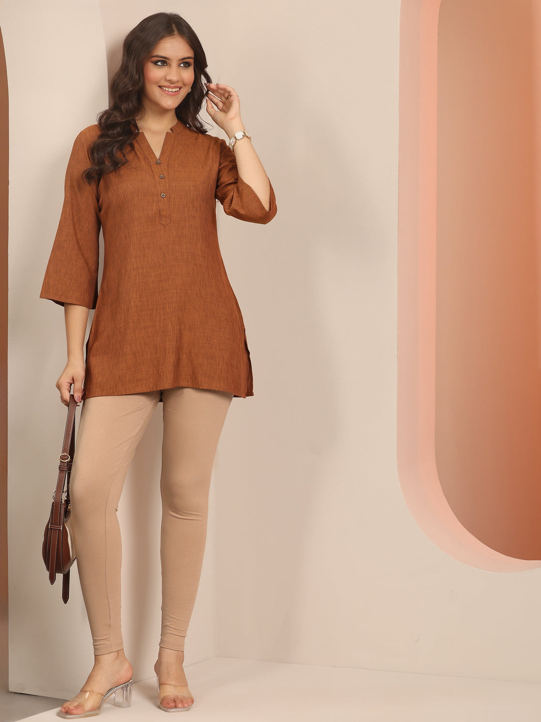  Beige Solid Cotton Blend Leggings 