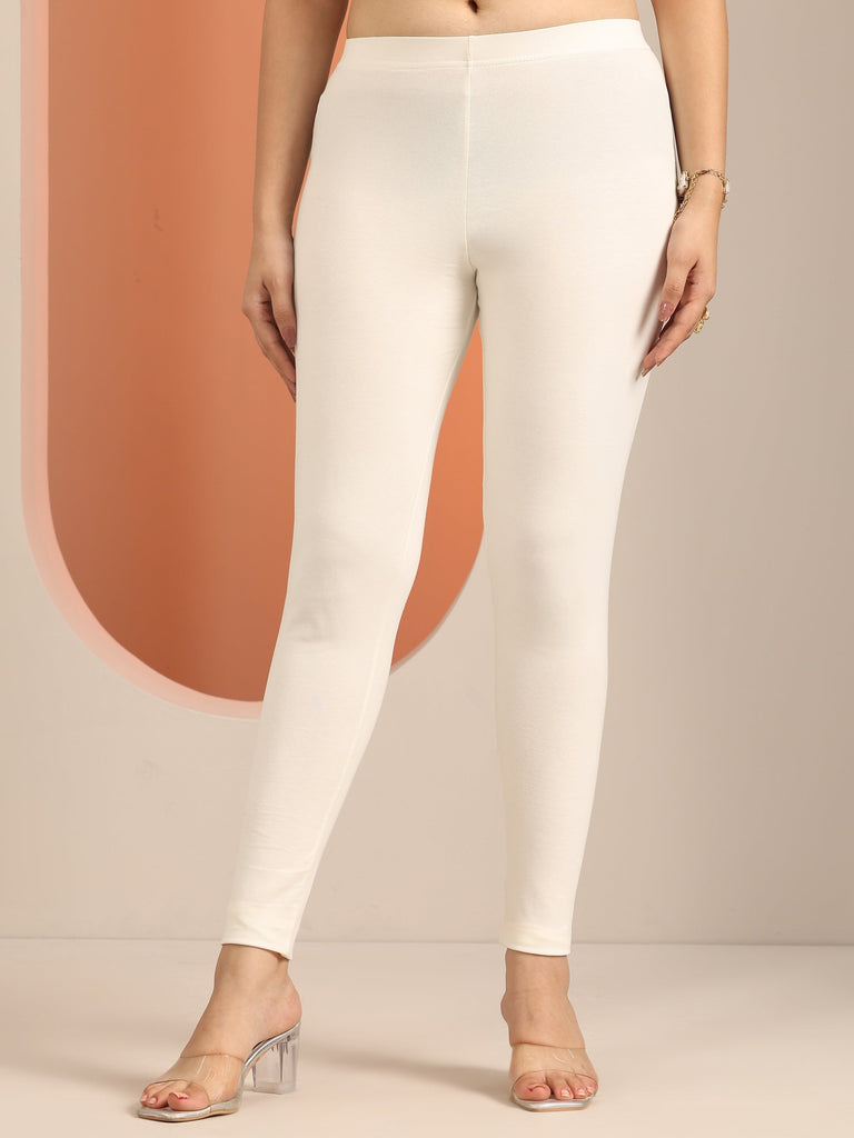 Libas Cream Solid Cotton Blend Leggings