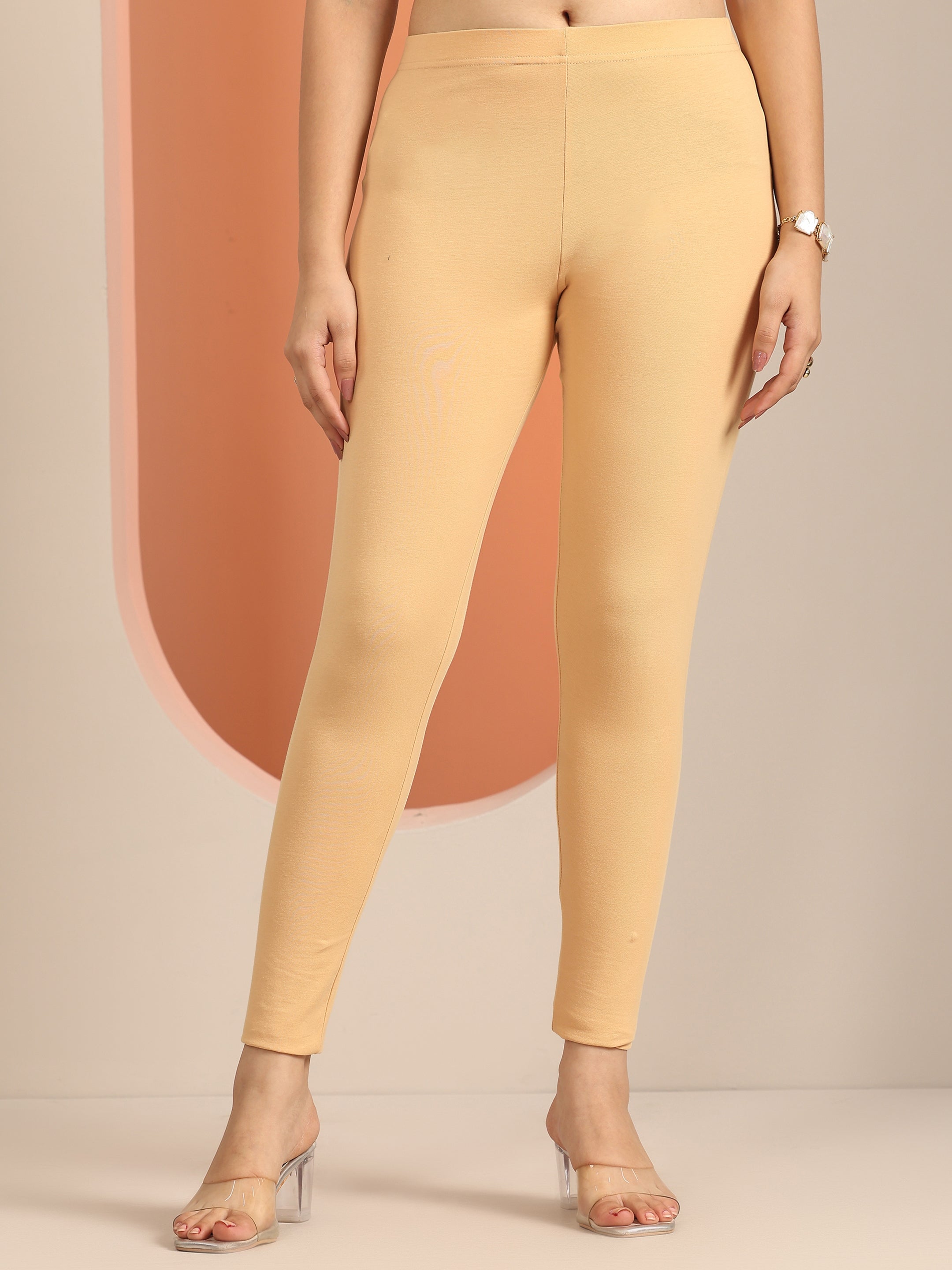 Beige Solid Cotton Blend Leggings-image-11