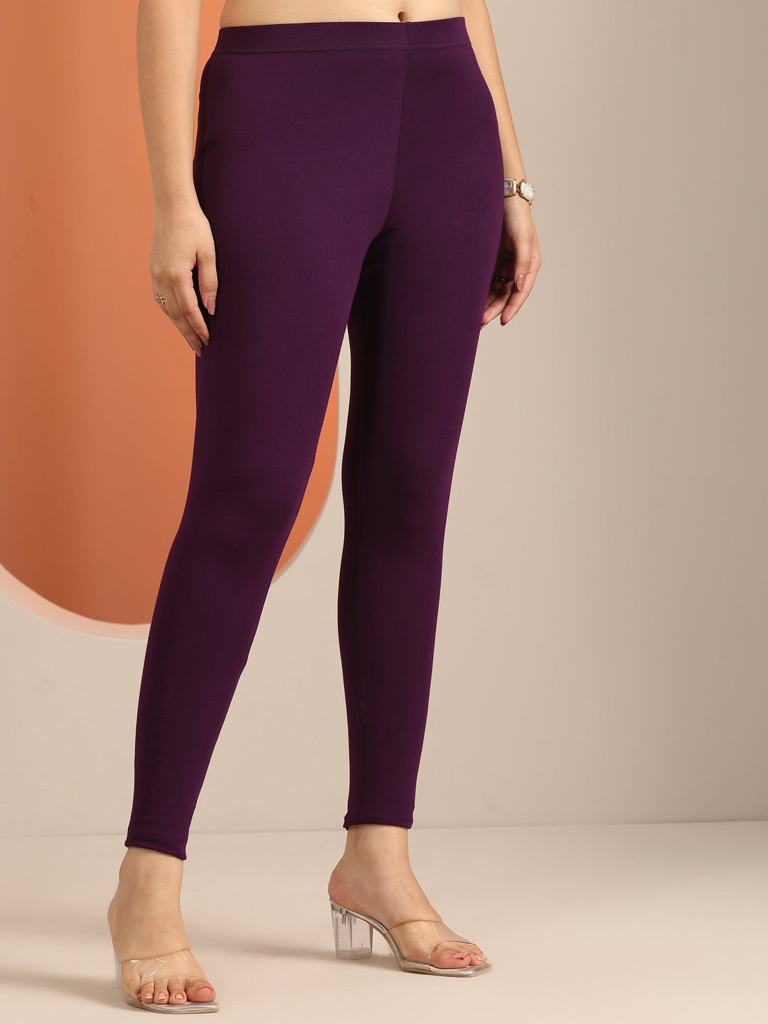  Burgundy Solid Cotton Blend Leggings 