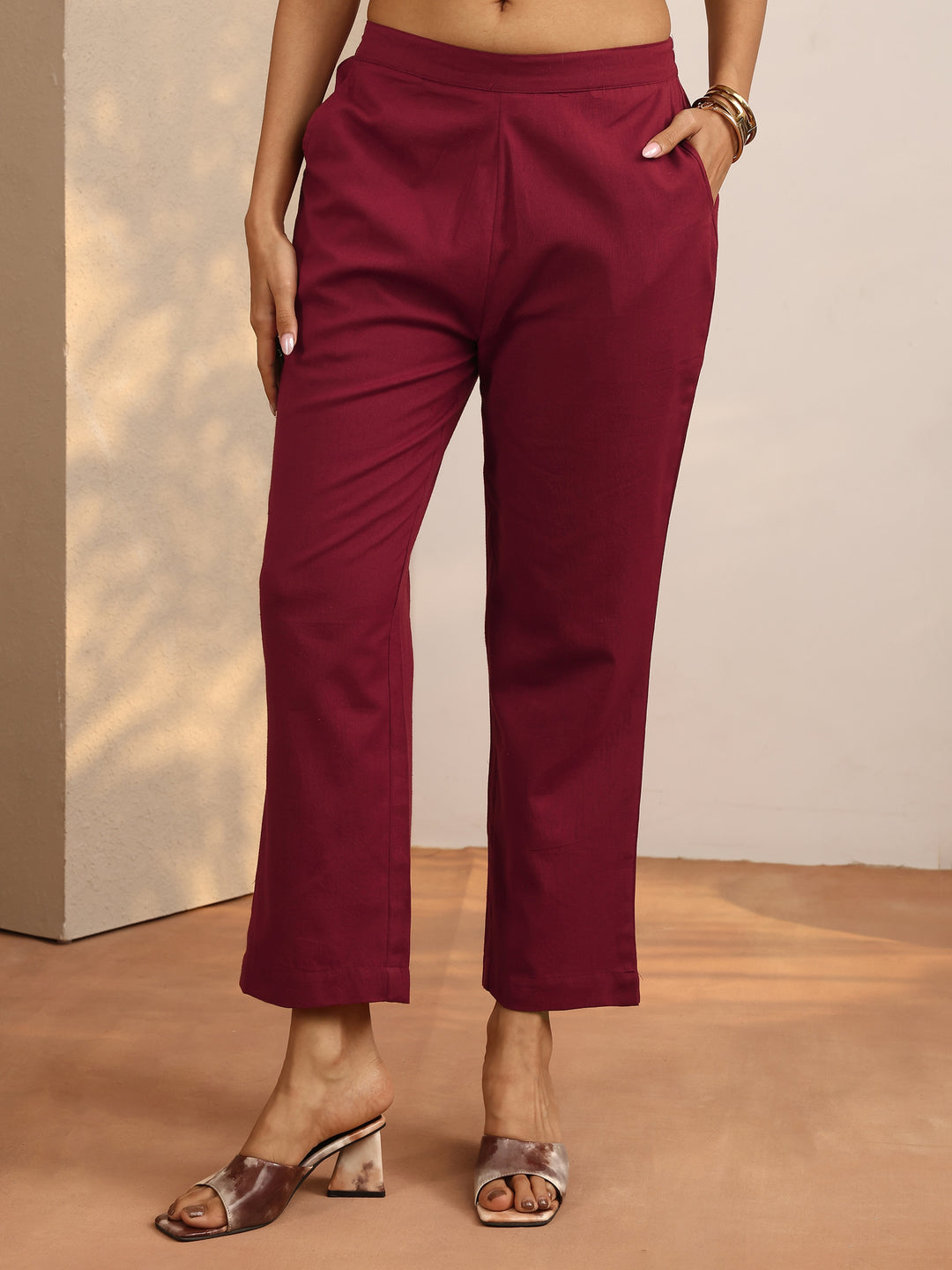  Maroon Solid Cotton Trouser 