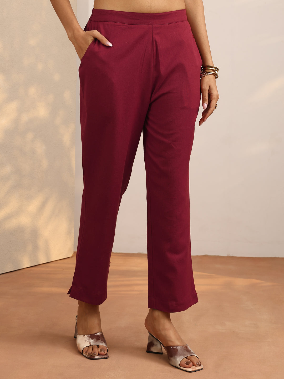  Maroon Solid Cotton Trouser 