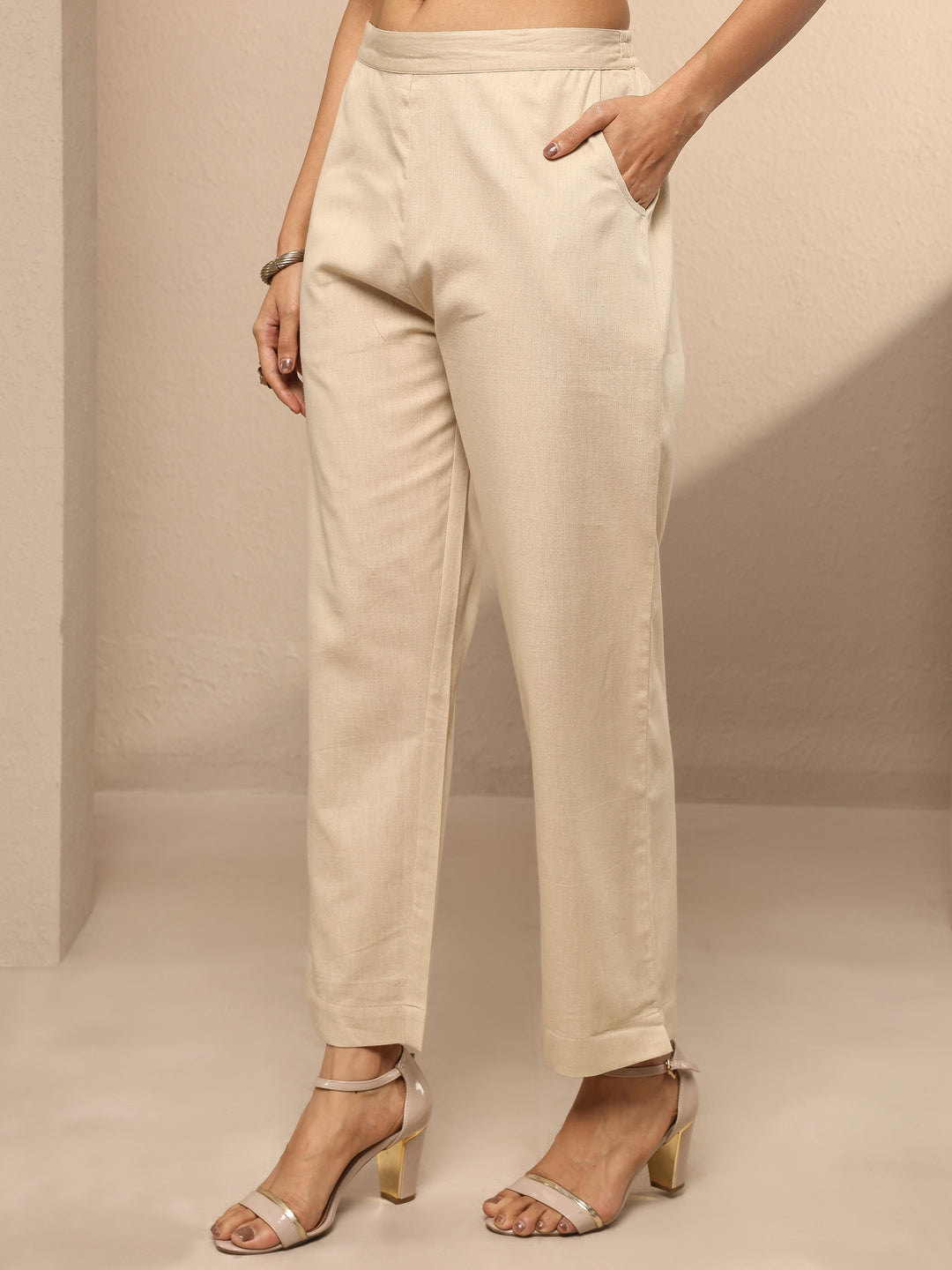  Beige Solid Cotton Trouser 