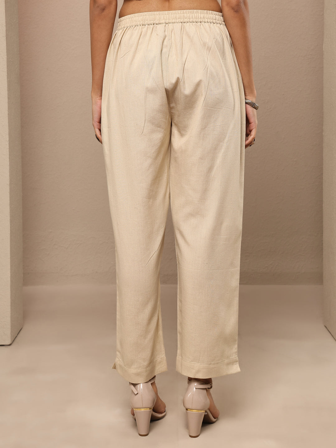  Beige Solid Cotton Trouser 
