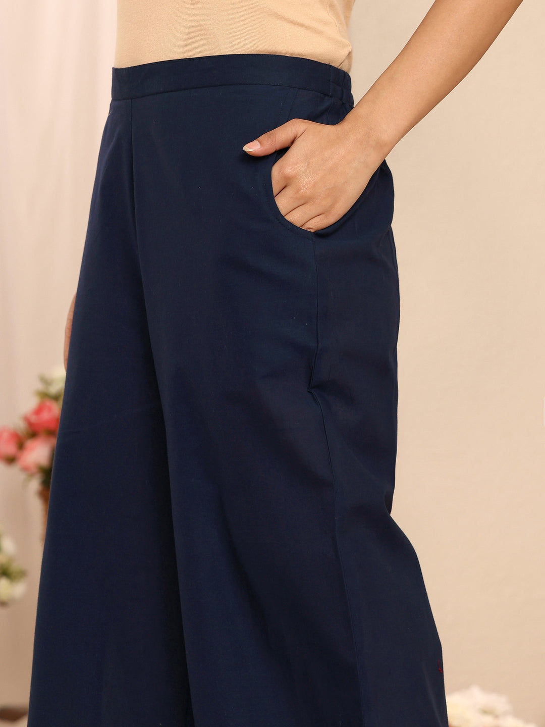  Blue Embroidered Cotton Palazzos 