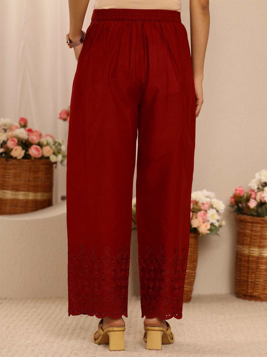  Maroon Embroidered Cotton Palazzos 