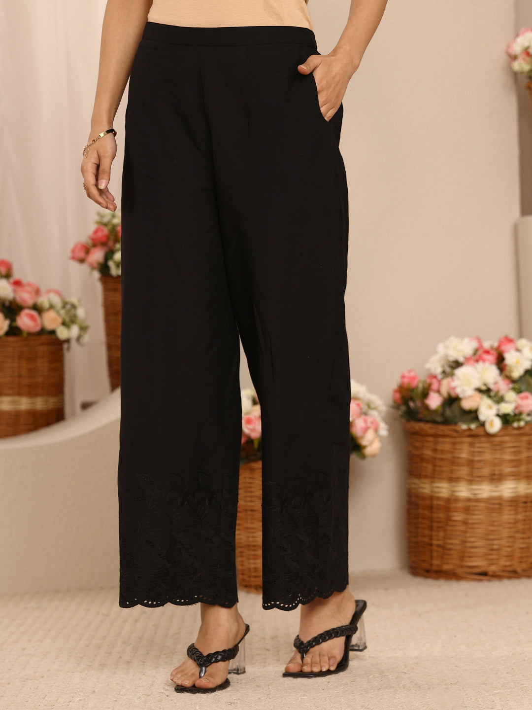 Black Embroidered Cotton Palazzos 