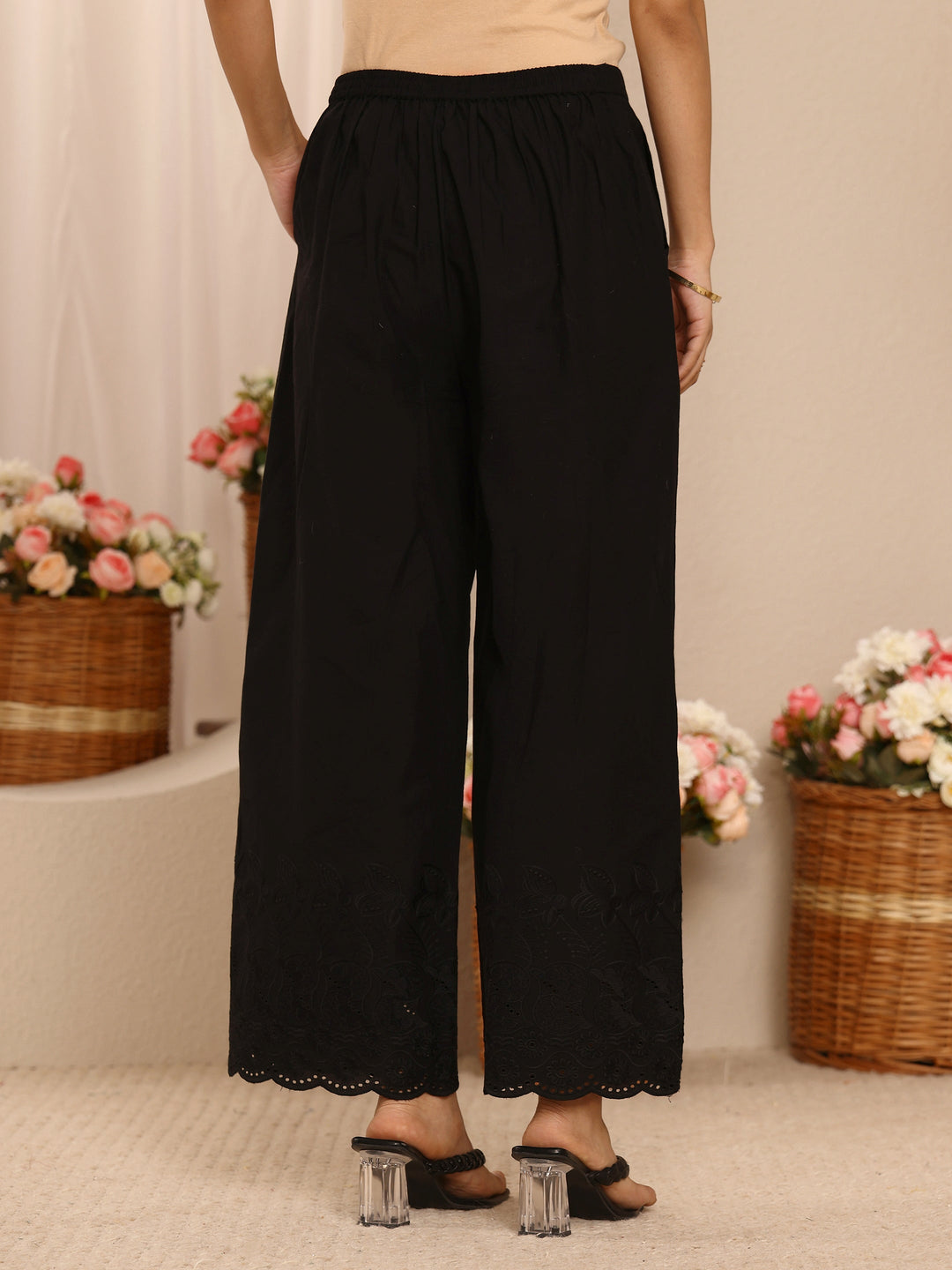  Black Embroidered Cotton Palazzos 