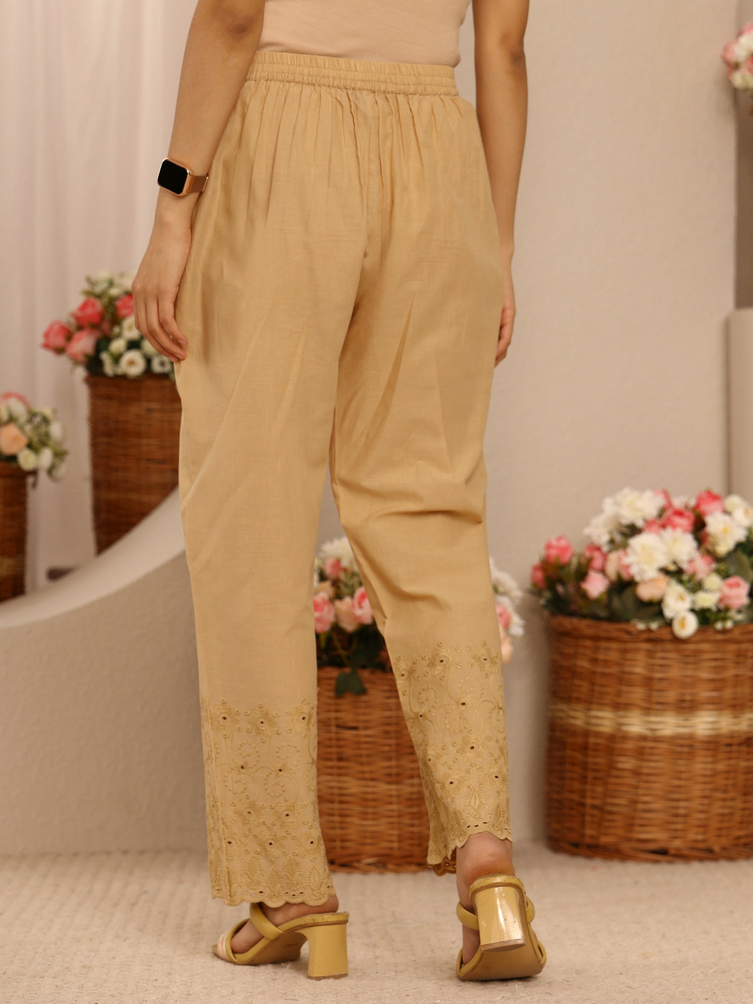 Beige Embroidered Cotton Palazzos 