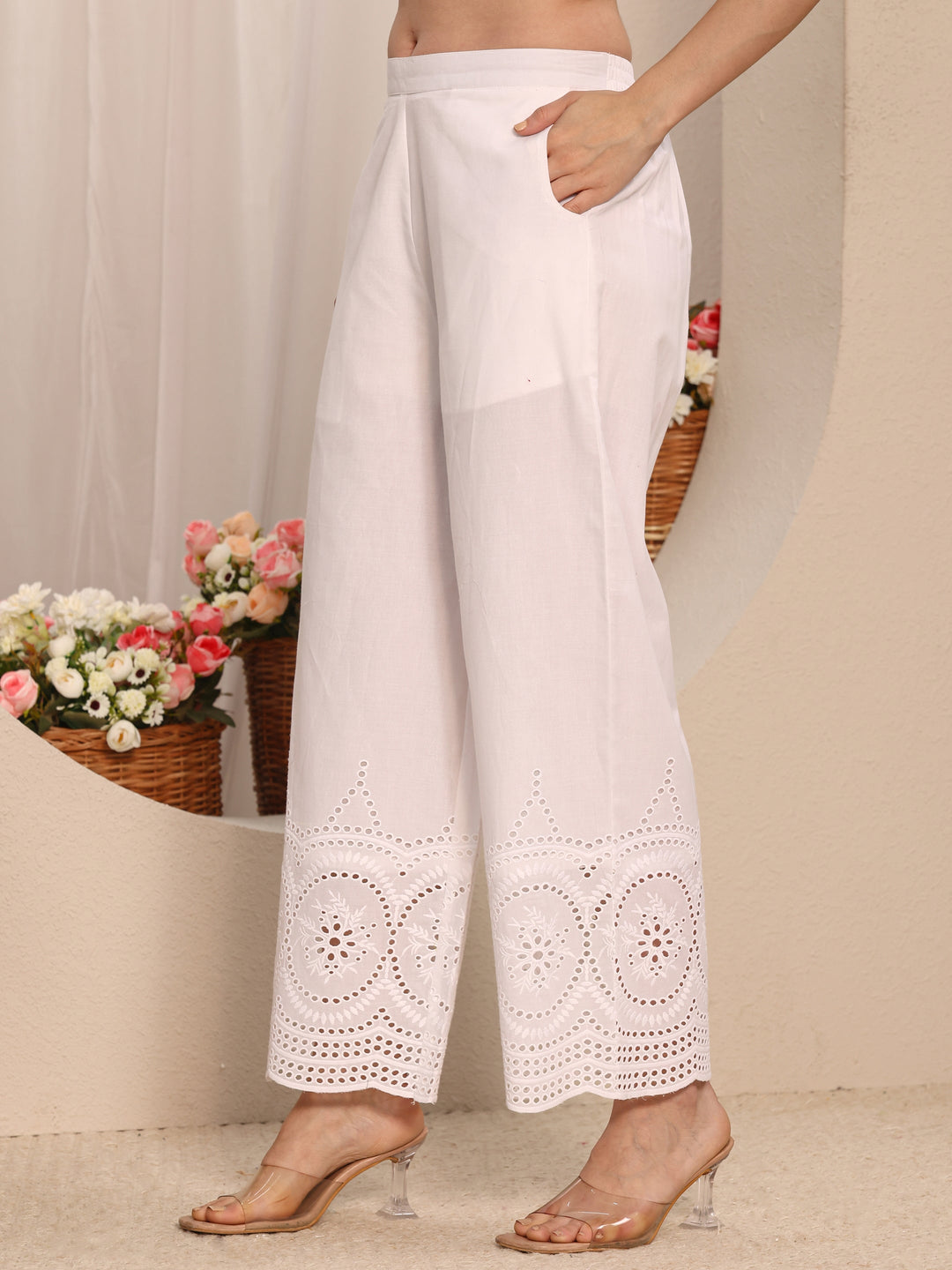  White Solid Schiffli Design Cotton Palazzo 