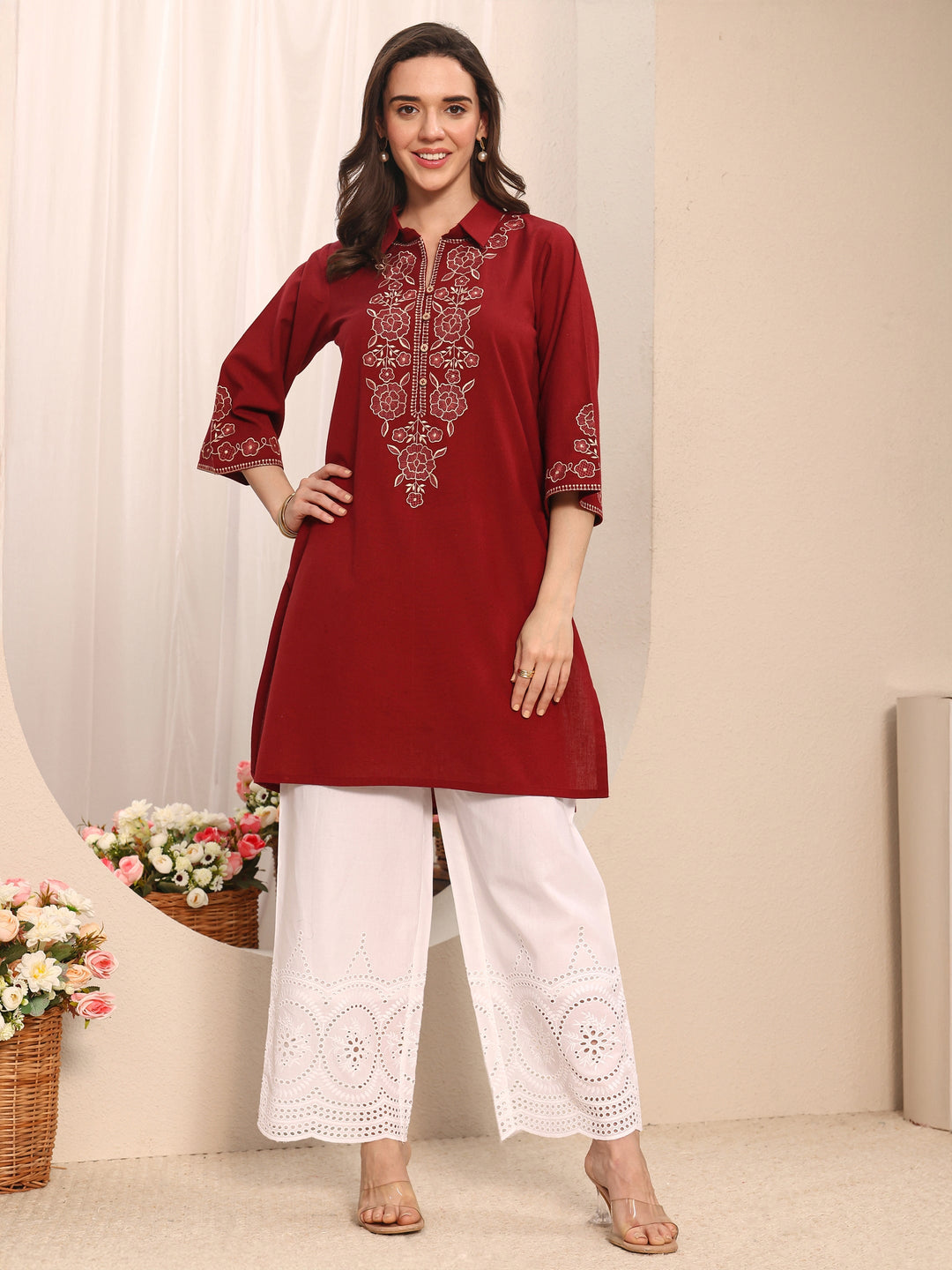  White Solid Schiffli Design Cotton Palazzo 