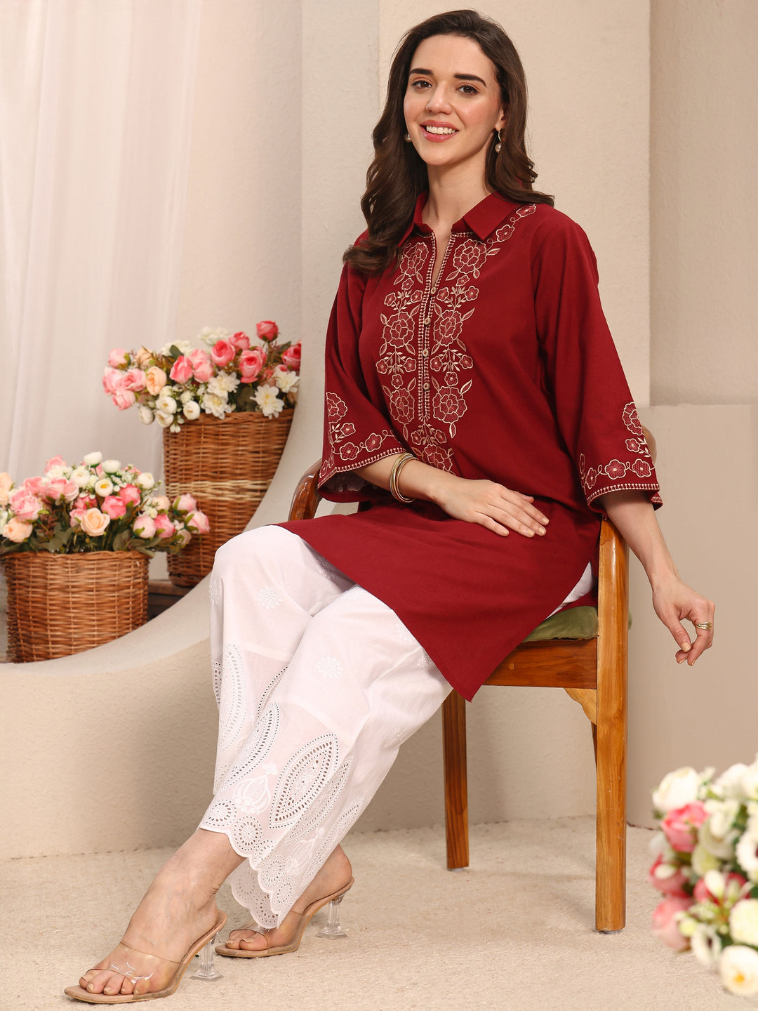  White Floral Embroidered Schiffli Design Cotton Palazzo 