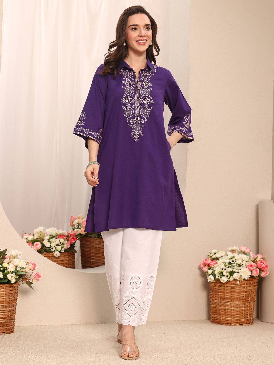  White Floral Embroidered Schiffli Design Cotton Palazzo 