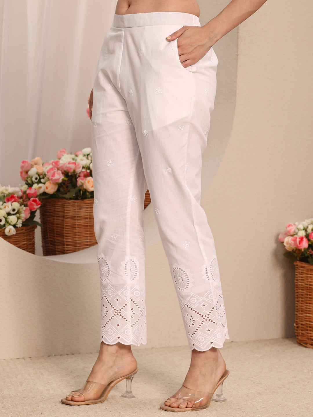  White Floral Embroidered Schiffli Design Cotton Trouser 