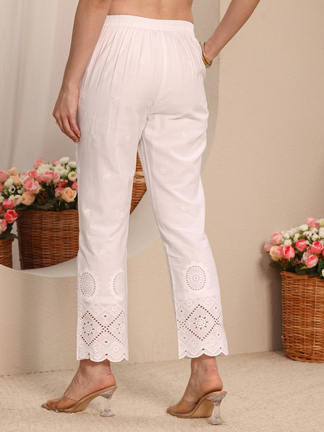  White Floral Embroidered Schiffli Design Cotton Trouser 