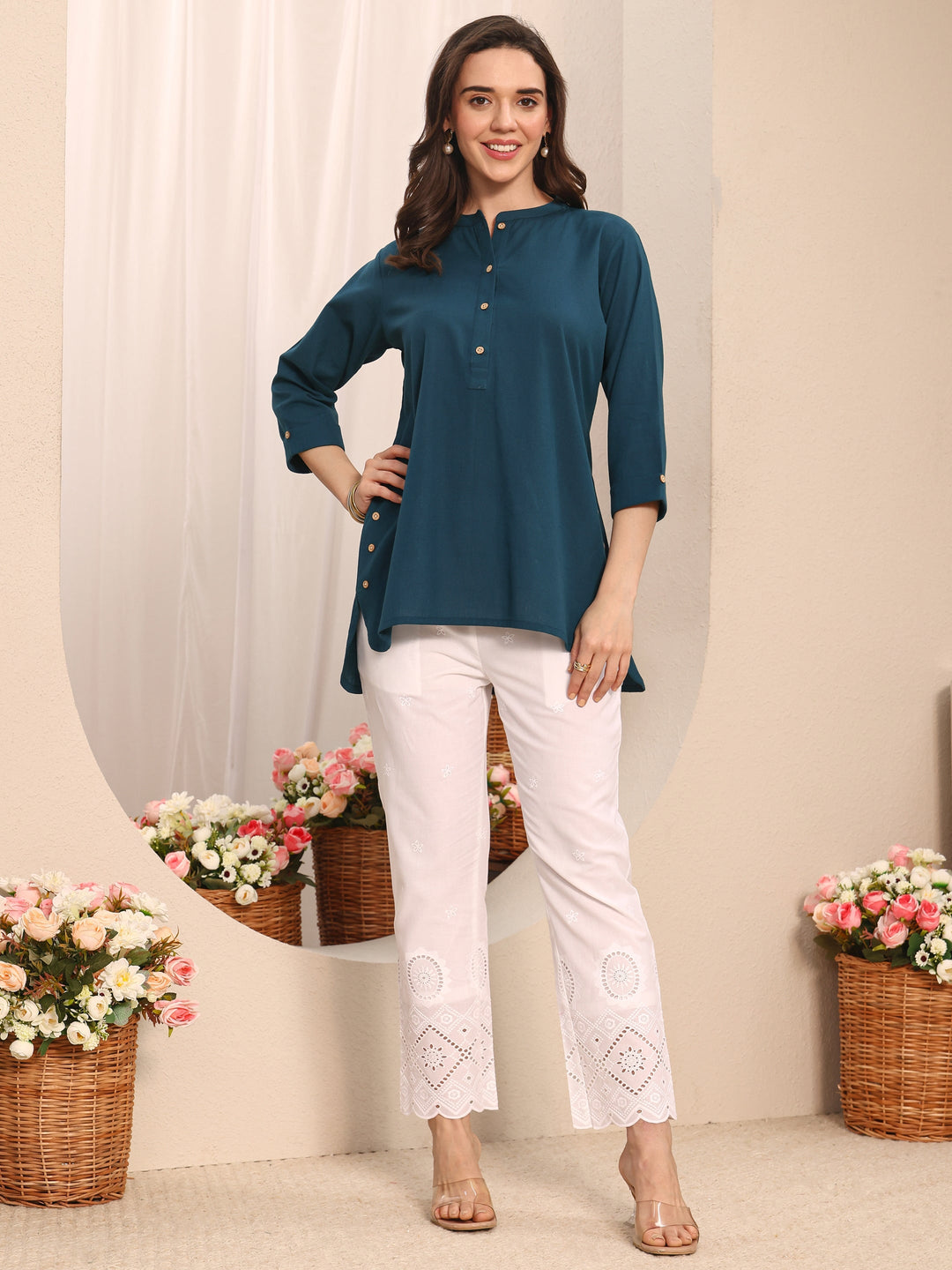  White Floral Embroidered Schiffli Design Cotton Trouser 