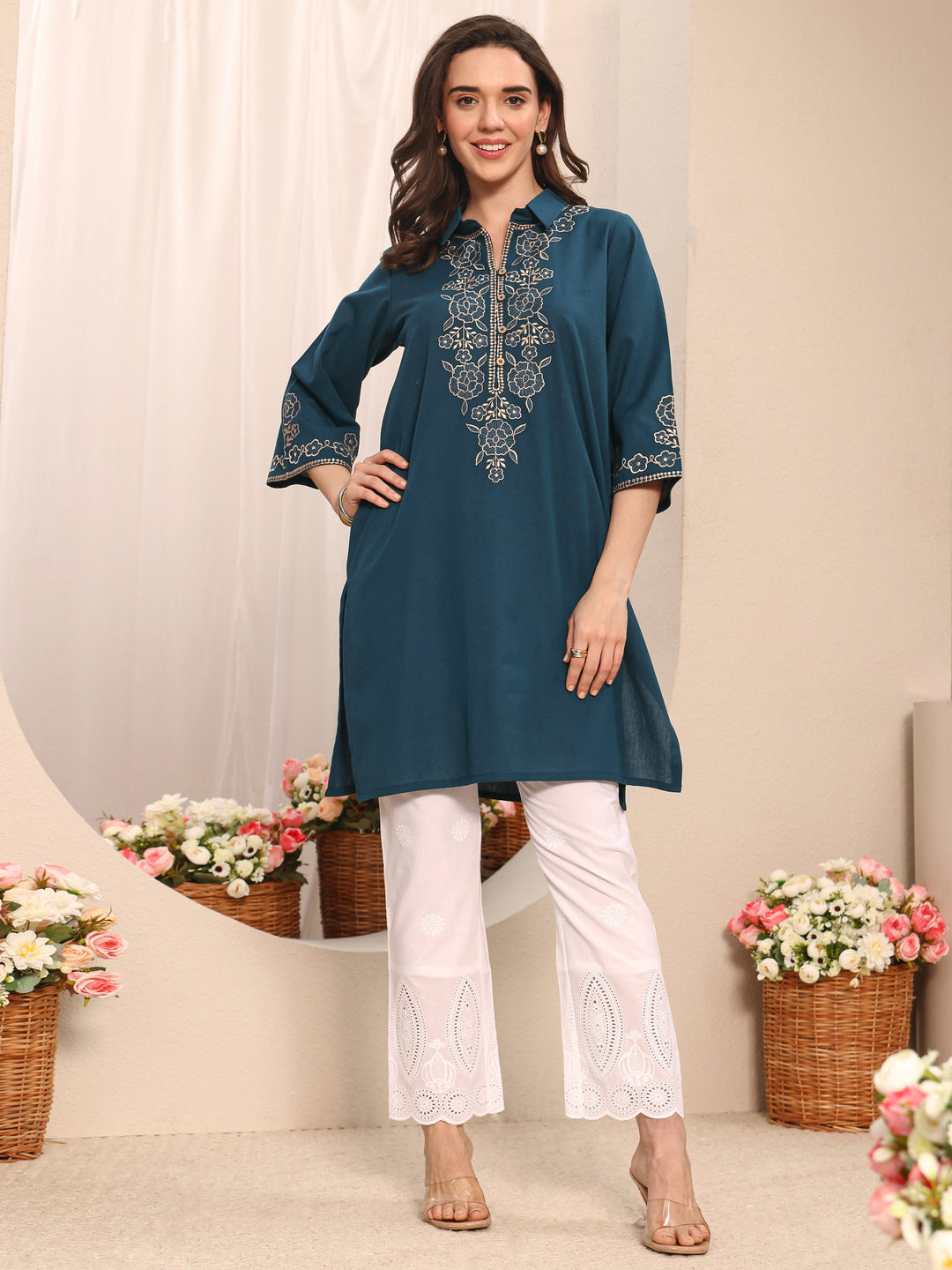  White Floral Embroidered Schiffli Design Cotton Trouser 