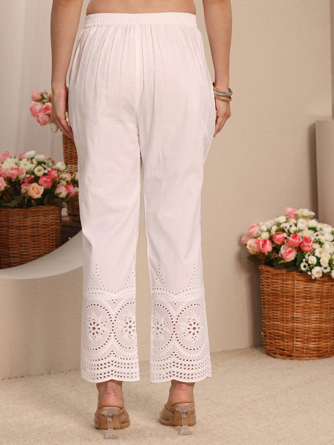  White Solid Schiffli Design Cotton Trouser 