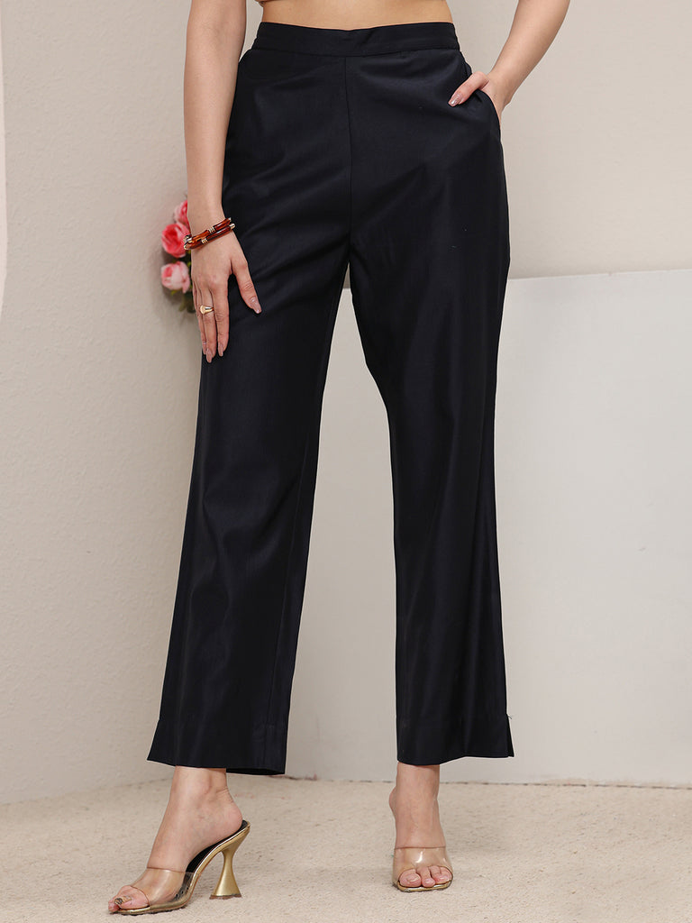 Libas Black Solid Silk Blend Trouser