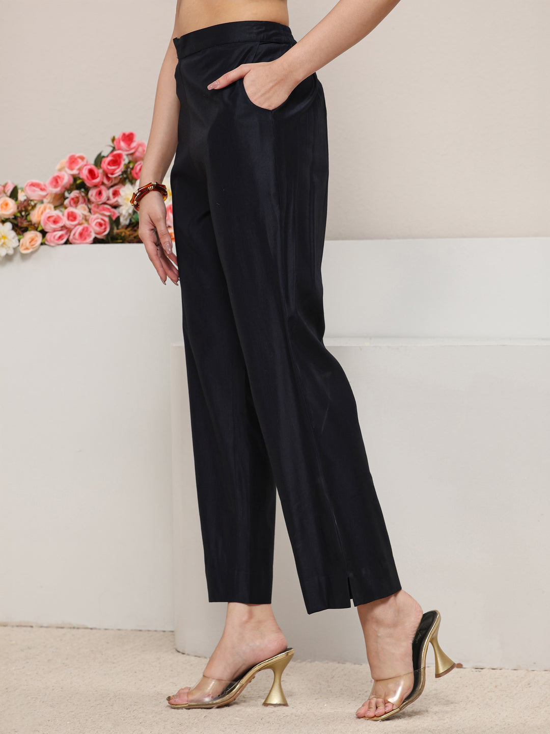  Libas Black Solid Silk Blend Trouser 