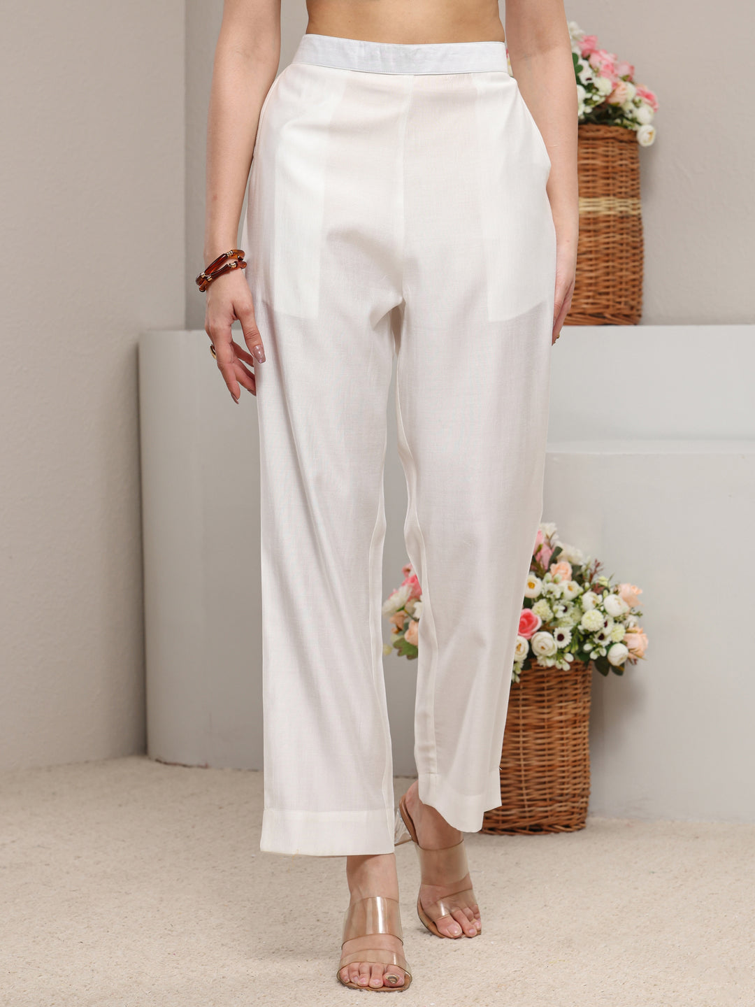  White Solid Silk Trousers 