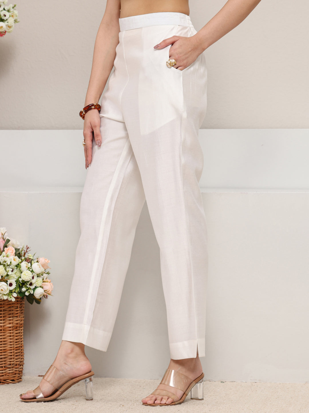  White Solid Silk Trousers 