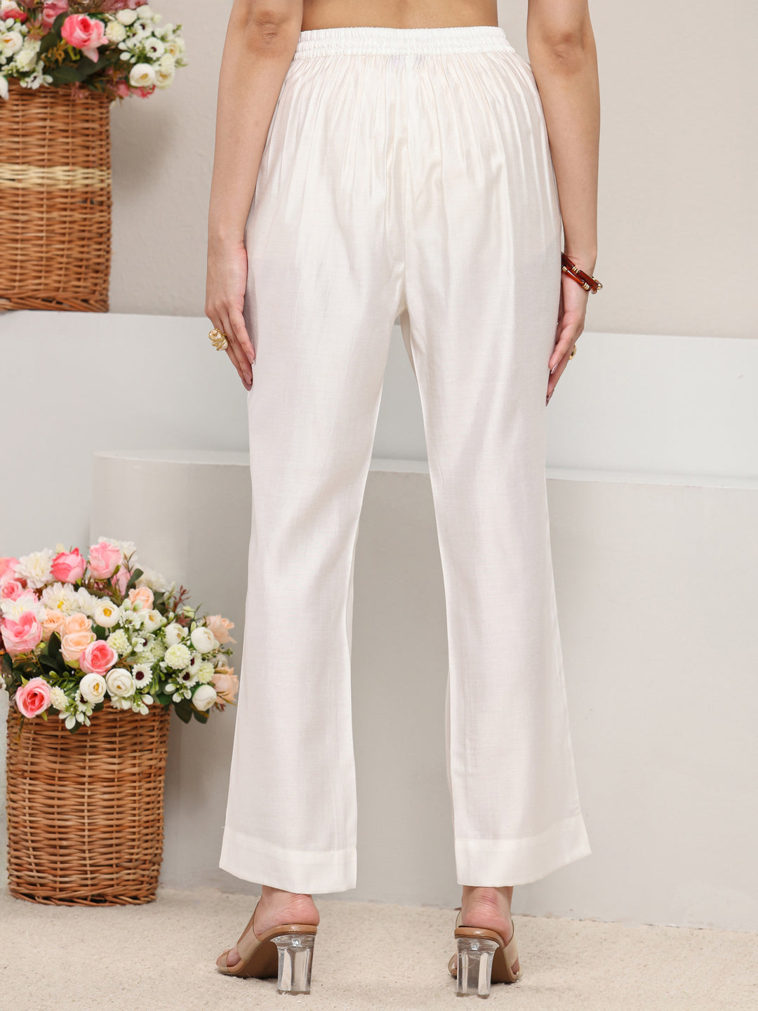  White Solid Silk Trousers 