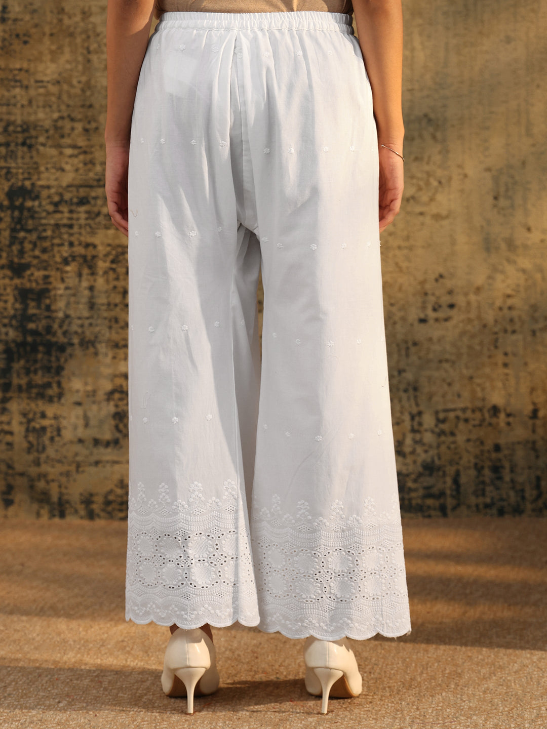  Libas White Schiffli Embroidered Wide Leg Palazzo 