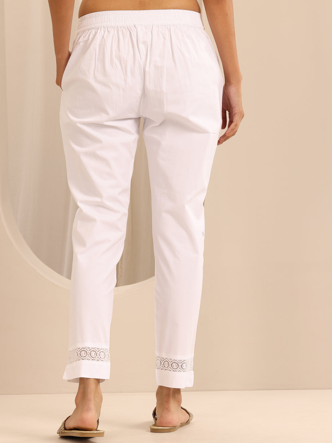  White Solid Cotton Trousers 