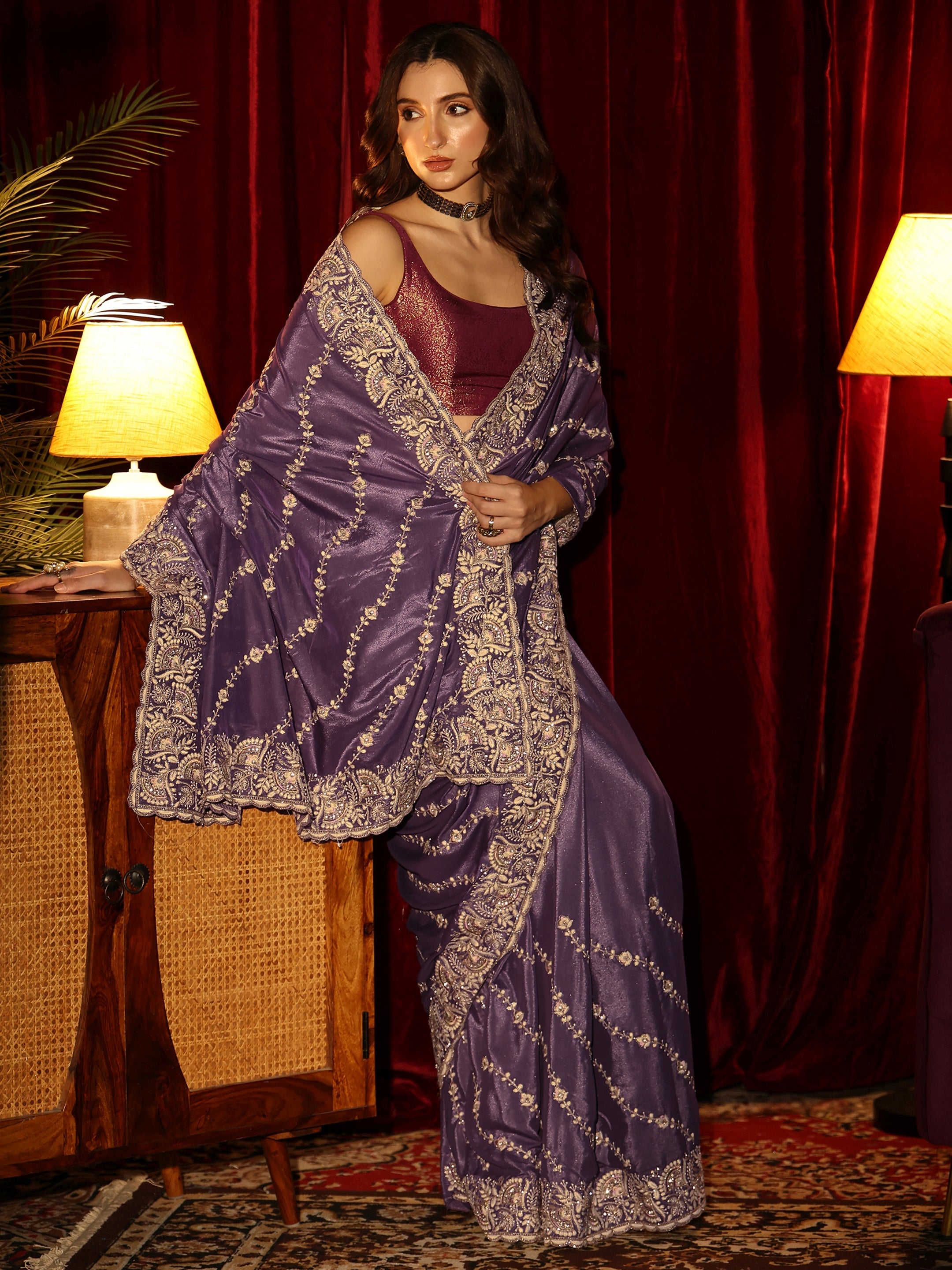 Libas Pansy Purple Floral Embroidered Satin Saree-picture-53