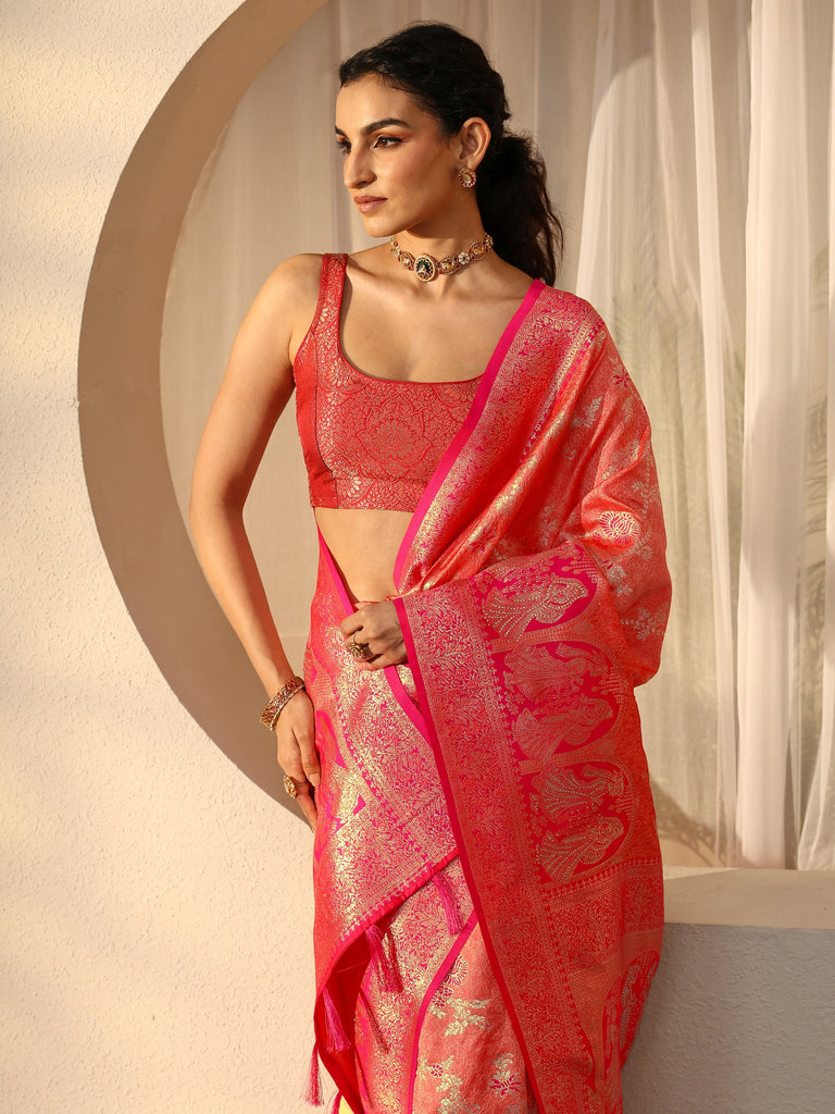 Libas Peach Baluchari Silk Blend Saree