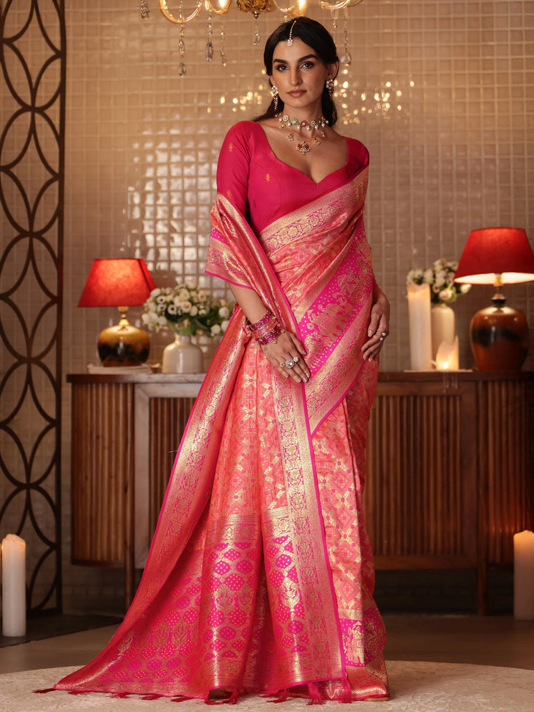 Libas Peach Bandhani Woven Design Silk Blend Saree