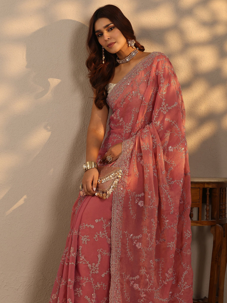 Libas Peach Embroidered Silk Blend Saree With Unstitched Blouse Piece