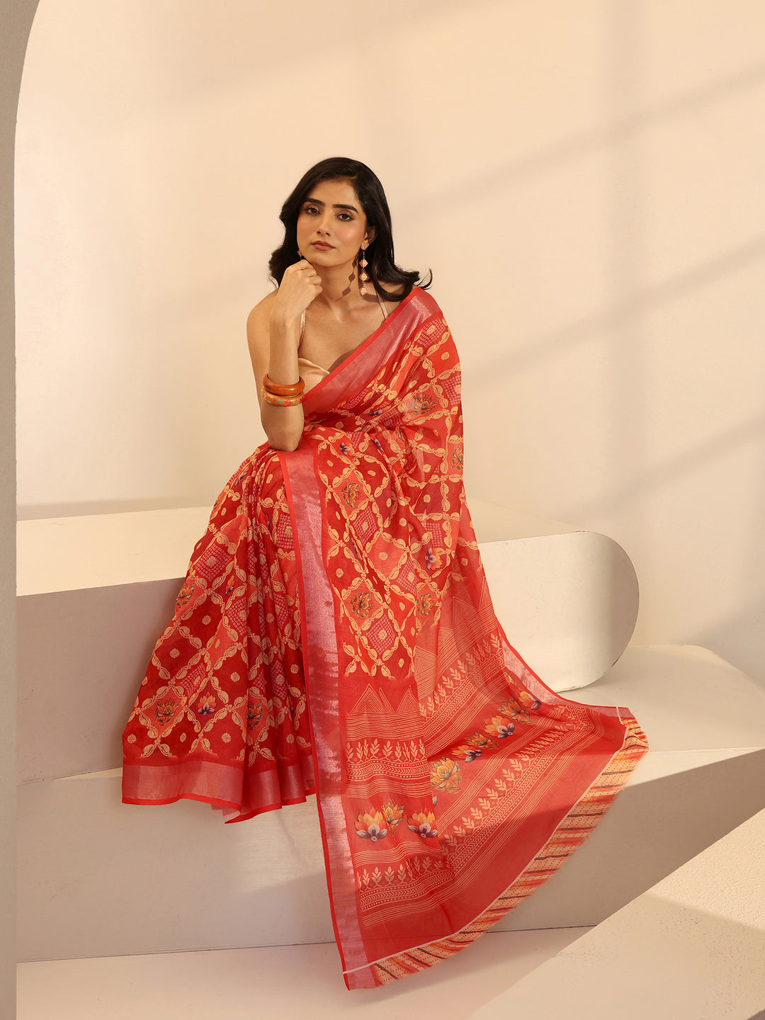  Peach Orange Floral Print Cotton Blend Saree 